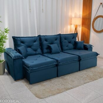 Sofá Retrátil Reclinável Porto Madri 2.70m Veludo Azul - D28 Pró Aditivada