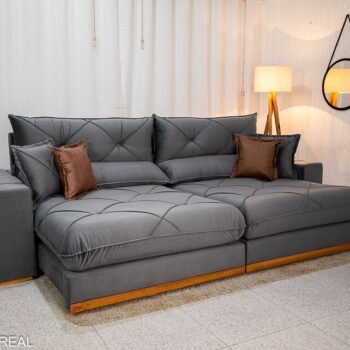 Sofá Retrátil Reclinável Gran Bello 2.90m Veludo Cinza 20 - Molas Ensacadas Pocket