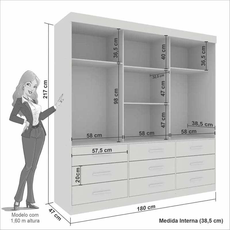 Roupeiro New Star Cinamomo/Off 3 Portas 9 Gavetas C/ 1 Espelho Larg. 1.80m - Sallêto - Imagem 3