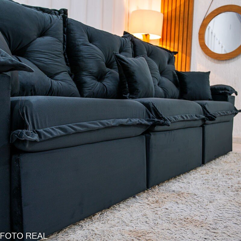 Sofá Retrátil Reclinável Porto Madri 2.70m Veludo Preto - D28 Pró Aditivada - Imagem 4