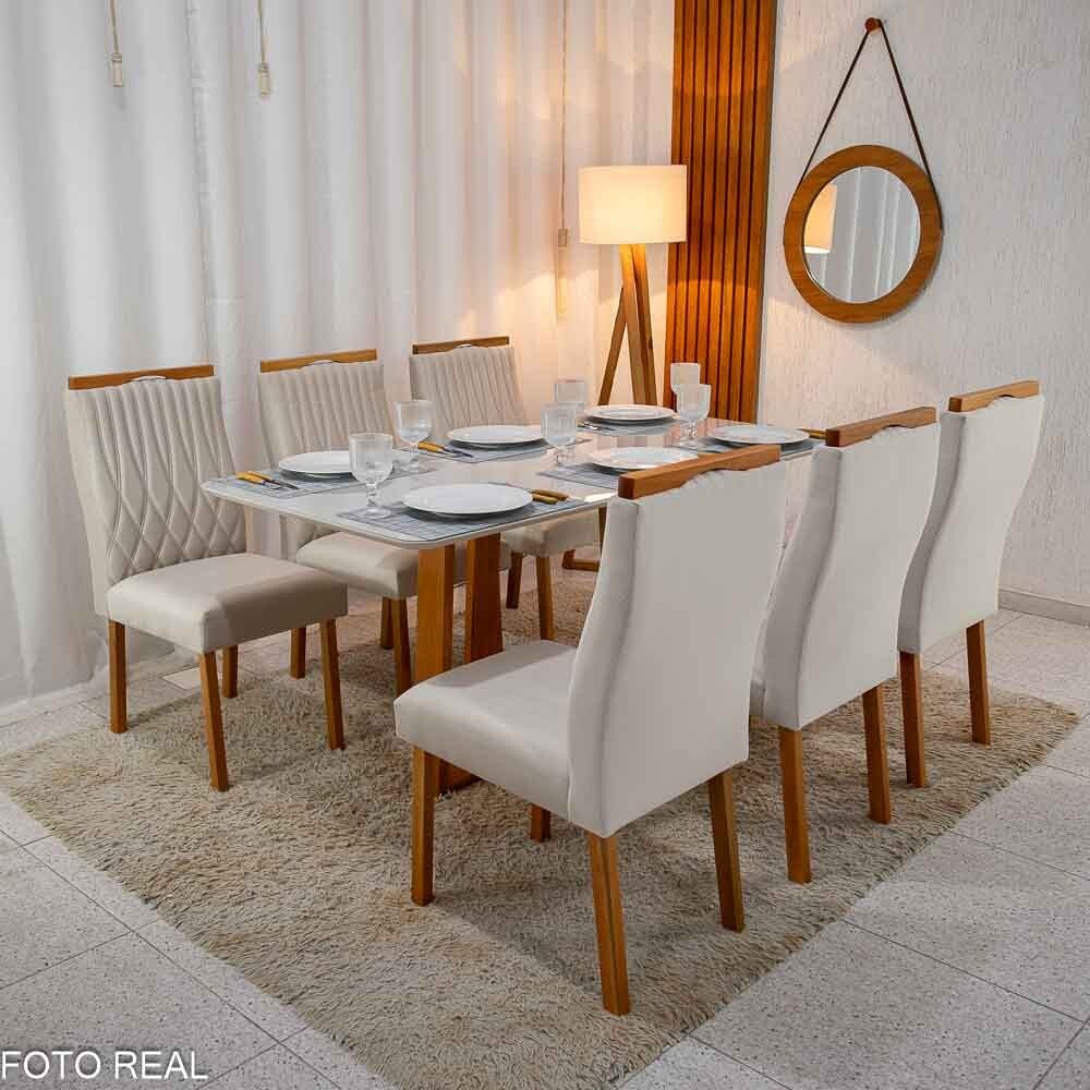 Mesa Pedro Mel Vidro OFF 160×80 6 Cadeiras Genova Veludo Bege 512 Madeira Maciça Art Assento - Entregue Montada