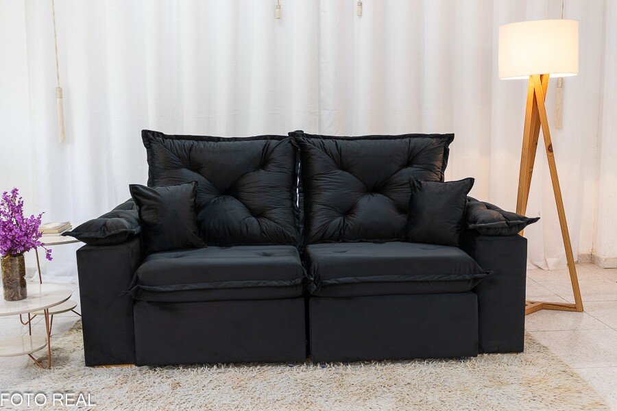 Sofá Retrátil Reclinável Porto Madri 2.00m Veludo Preto - D28 Pró Aditivada - Imagem 5