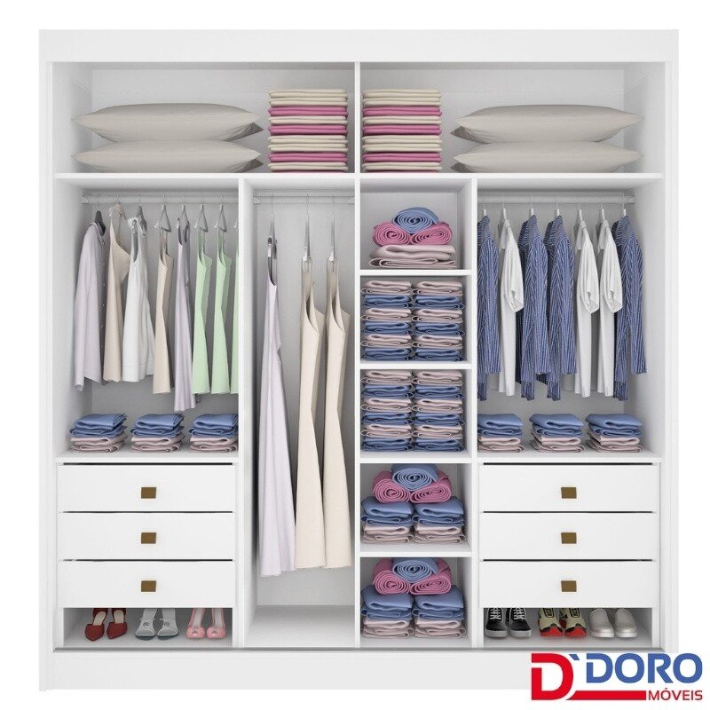 Roupeiro Casal Cancun Branco 2 Portas 6 Gavetas Detalhe Ripado 100% MDF Larg. 2.20m - D Doro - Imagem 2