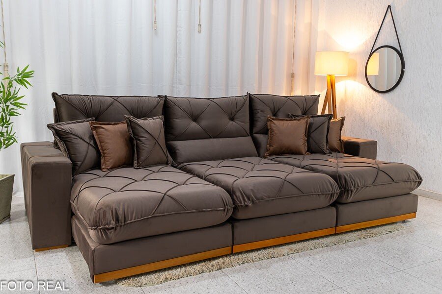 Sofá Retrátil Reclinável Gran Bello 3.20m Veludo Marrom - Molas Ensacadas