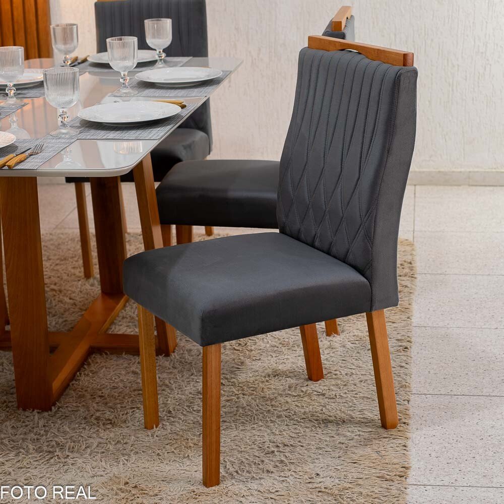 Mesa Pedro Mel Vidro OFF 160×80 6 Cadeiras Genova Veludo Cinza 507 Madeira Maciça Art Assento - Entregue Montada - Imagem 3