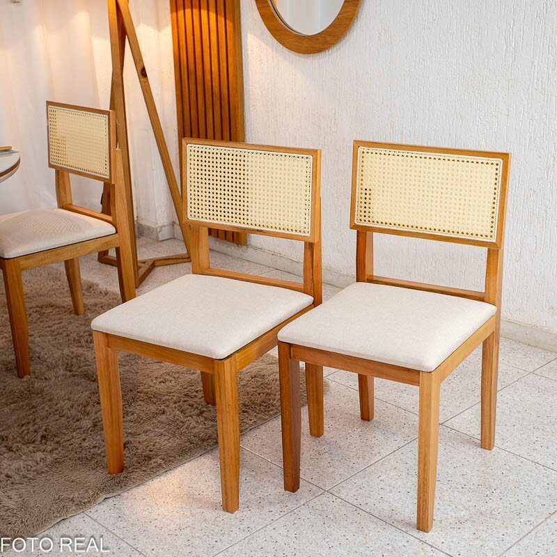 2 Cadeira Santorini Linho Bege Madeira Maciça - Minas Plac - Imagem 3