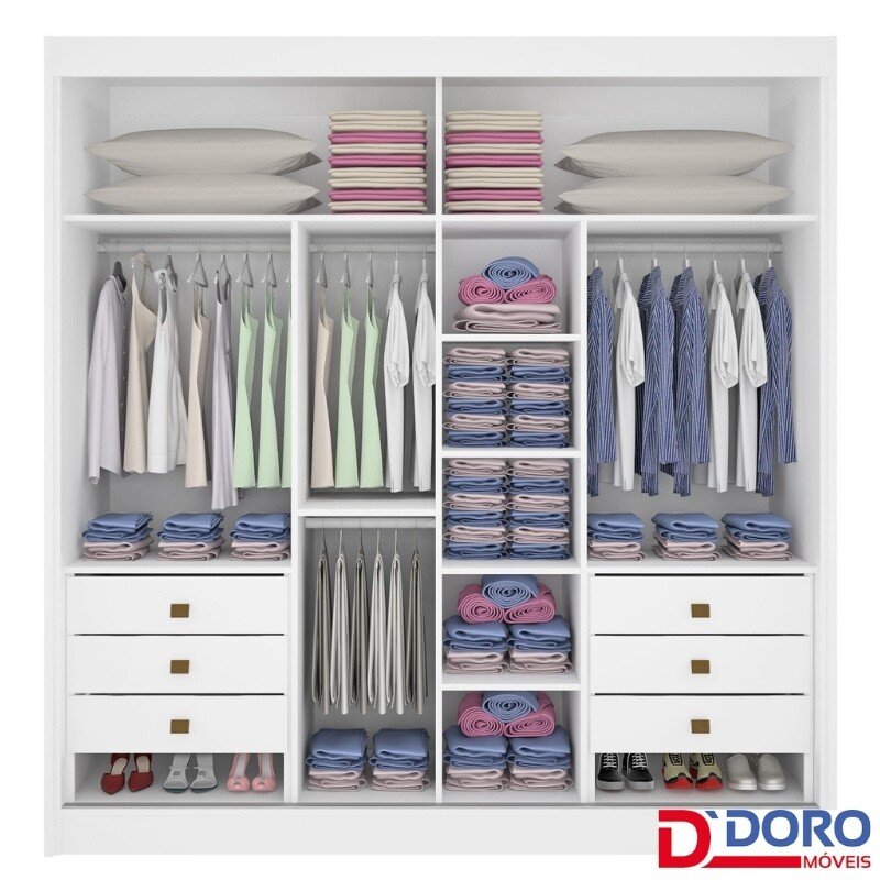 Roupeiro Casal Cancun Branco 2 Portas 6 Gavetas Detalhe Ripado 100% MDF Larg. 2.20m - D Doro - Imagem 3