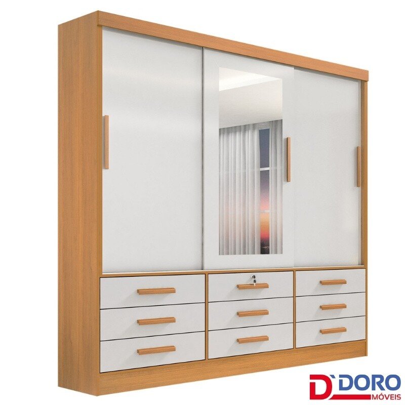 Roupeiro Casal Meridian Plus Cinamomo/Off 3 Portas 9 Gavetas C/ 1 Espelho Larg. 2.00m - D Doro