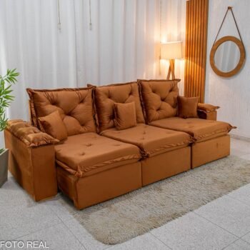 Sofá Retrátil Reclinável Porto Madri 2.70m Veludo Terracota - D28 Pró Aditivada