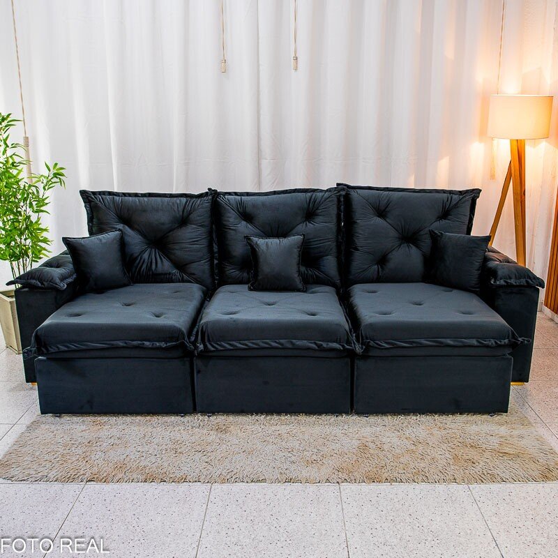 Sofá Retrátil Reclinável Porto Madri 2.70m Veludo Preto - D28 Pró Aditivada - Imagem 2