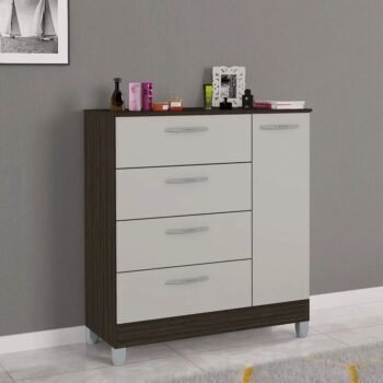 Cômoda com 1 Porta 4 Gavetas Chocolate/Off Larg. 0.86m - Poquema