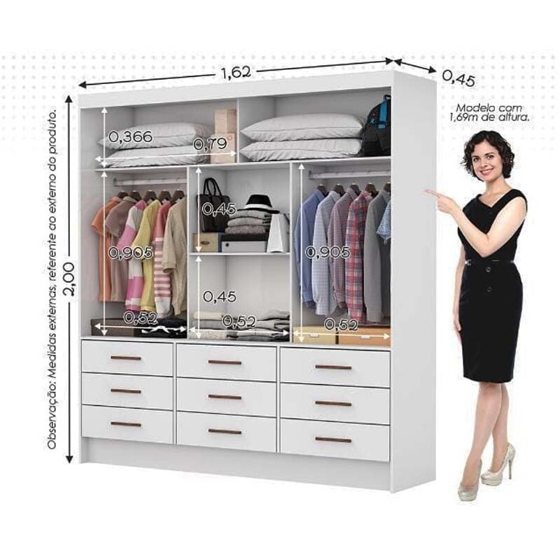 Roupeiro Solteiro Sevilha Cinamomo 3 Portas C/ 1 Espelho 9 Gavetas Larg. 1.62m - Carioca - Imagem 2