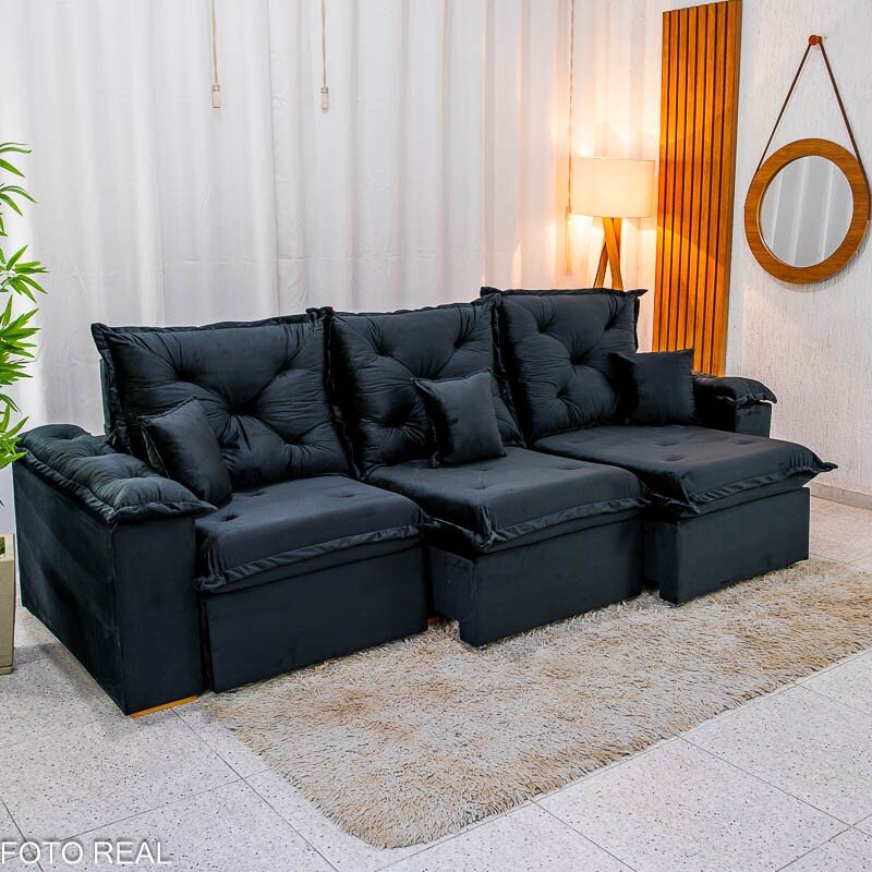 Sofá Retrátil Reclinável Porto Madri 2.70m Veludo Preto - D28 Pró Aditivada - Imagem 7