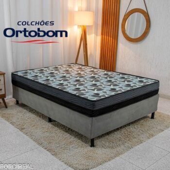 Box Casal Sued Cinza Nosso Sonho + Colchão Casal Ortopédico EPS Iso Dupla Face D-33 138x188x57 - Ortobom