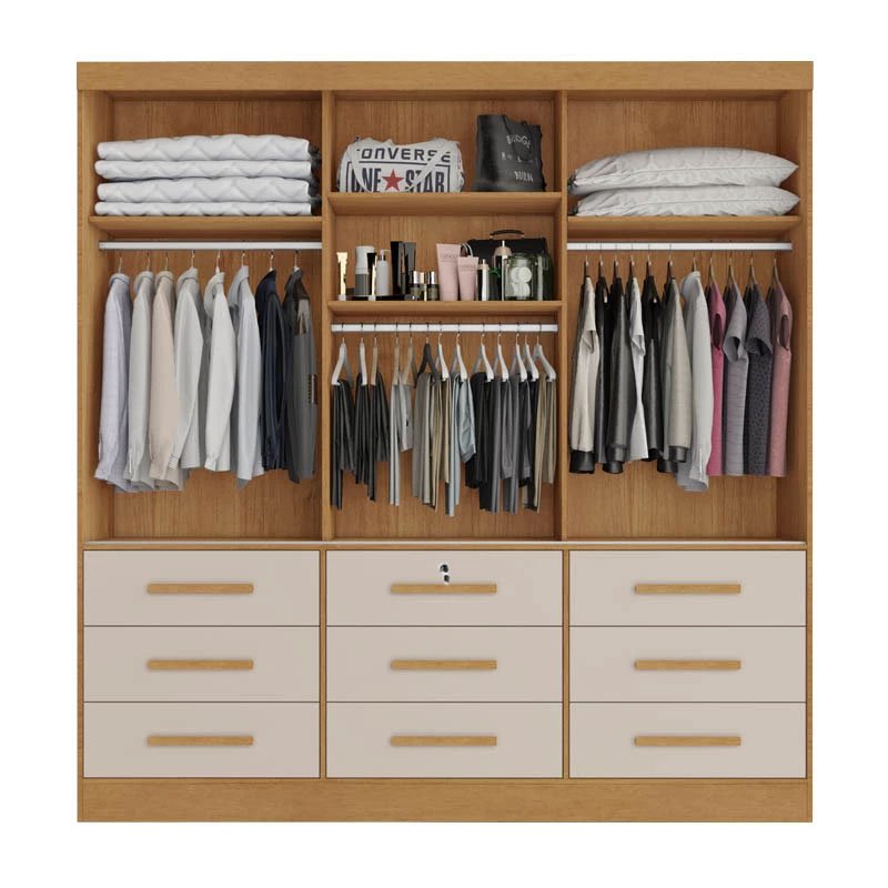 Roupeiro Casal Turim Nature/Off 3 Portas 9 Gavetas C/ 1 Espelho 100% MDF Larg. 2.11 - Bianchi - Imagem 2