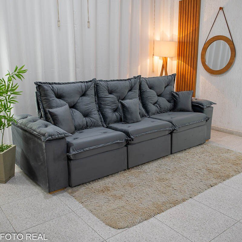 Sofá Retrátil Reclinável Porto Madri 2.70m Veludo Cinza - D28 Pró Aditivada - Imagem 4