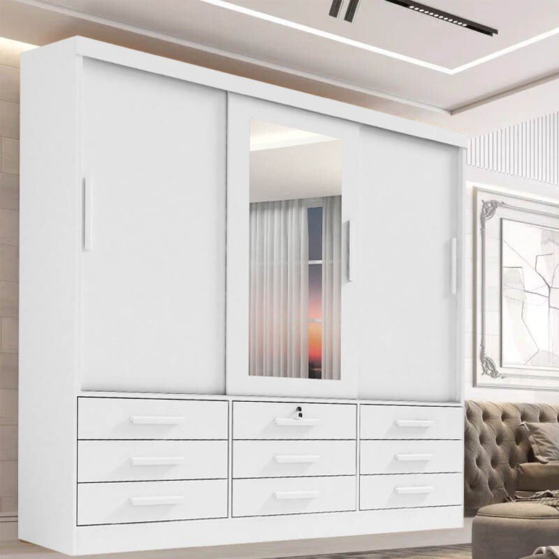 Roupeiro Casal Meridian Plus Branco 3 Portas 9 Gavetas C/ 1 Espelho Larg. 2.00m - D Doro - Imagem 4