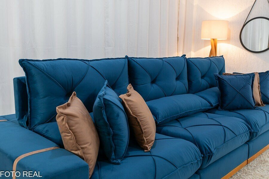 Sofá Retrátil Reclinável Gran Bello 3.20m Veludo Azul - Molas Ensacadas - Imagem 6