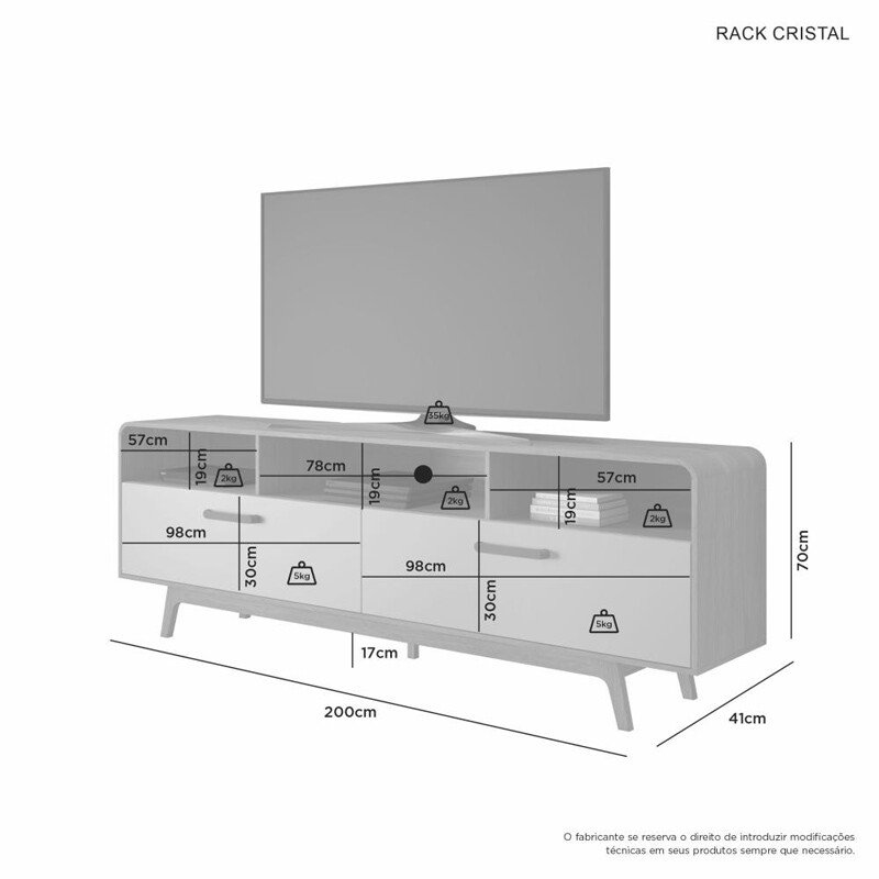 Rack Bancada Cristal Candian Larg. 2.00m Cinamomo/Off para TV até 70" - JCM - Imagem 4