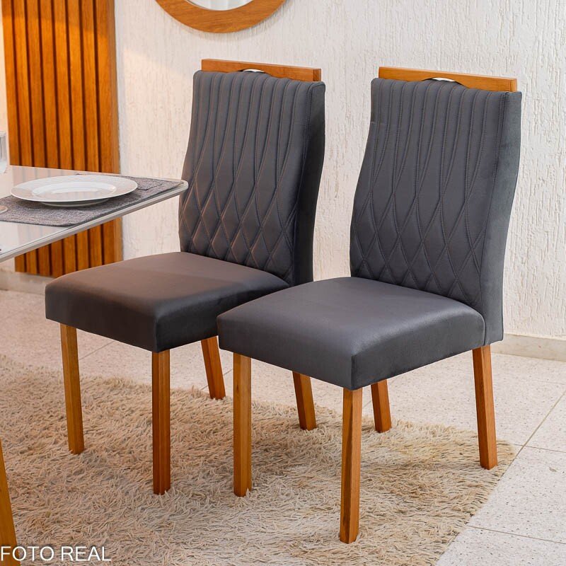 Mesa Pedro Mel Vidro OFF 120×80 4 Cadeiras Genova Veludo Cinza 507 Madeira Maciça Art Assento - Entregue Montada - Imagem 4
