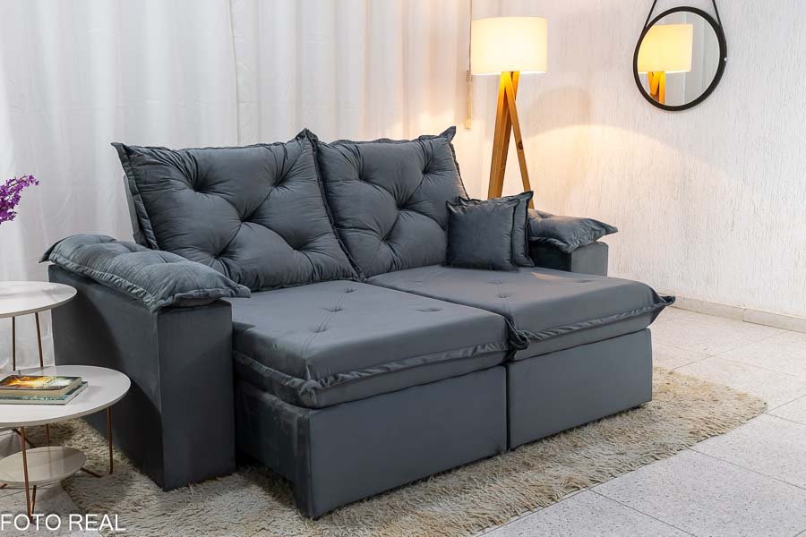 Sofá Retrátil Reclinável Porto Madri 2.00m Veludo Cinza - D28 Pró Aditivada