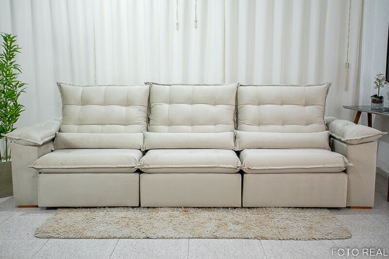 Sofá Retrátil Reclinável Emanuelly 3.20m Veludo Bege 01 - D28 Soft - Imagem 5