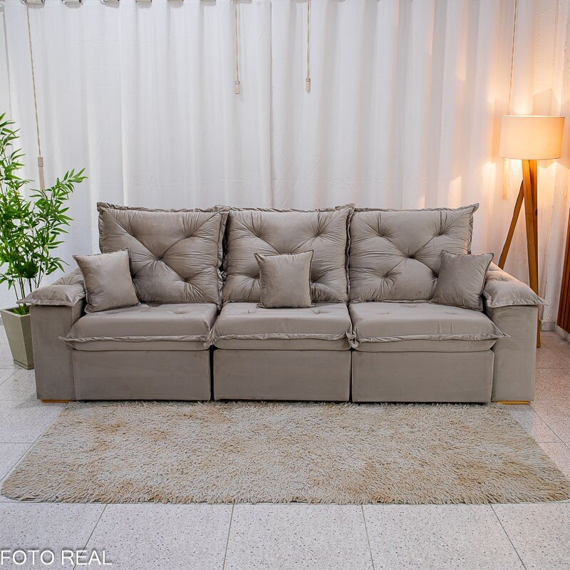 Sofá Retrátil Reclinável Porto Madri 2.70m Veludo Bege - D28 Pró Aditivada - Imagem 3