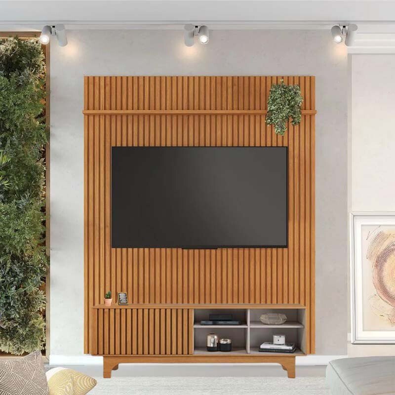 Rack Sereno Larg. 1.68m Cinamomo/Off Ripado + Painel Riso Larg. 1.82m Cinamomo Ripado para TV até 65" - JCM