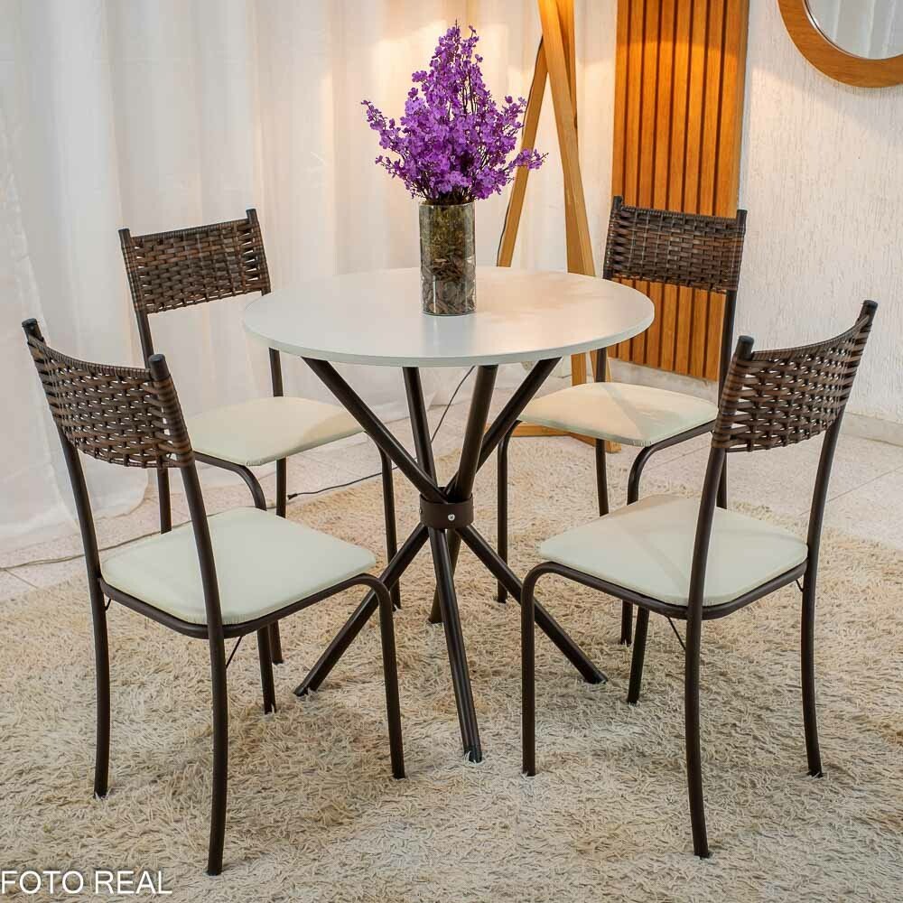 Mesa Atlanta Base Ipanema Marrom Tampo Redondo Pedra Off 75x75 4 Cadeiras Assento Creme - Teixeira - Imagem 2