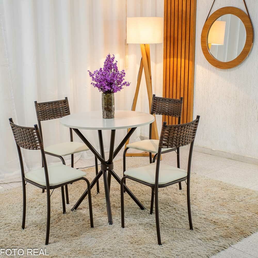 Mesa Atlanta Base Ipanema Marrom Tampo Redondo Pedra Off 75x75 4 Cadeiras Assento Creme - Teixeira - Imagem 6