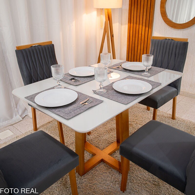 Mesa Pedro Mel Vidro OFF 120×80 4 Cadeiras Genova Veludo Cinza 507 Madeira Maciça Art Assento - Entregue Montada - Imagem 3