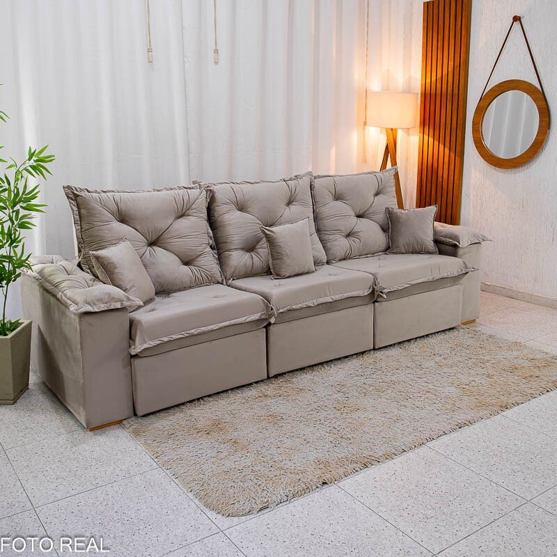 Sofá Retrátil Reclinável Porto Madri 2.70m Veludo Bege - D28 Pró Aditivada - Imagem 6