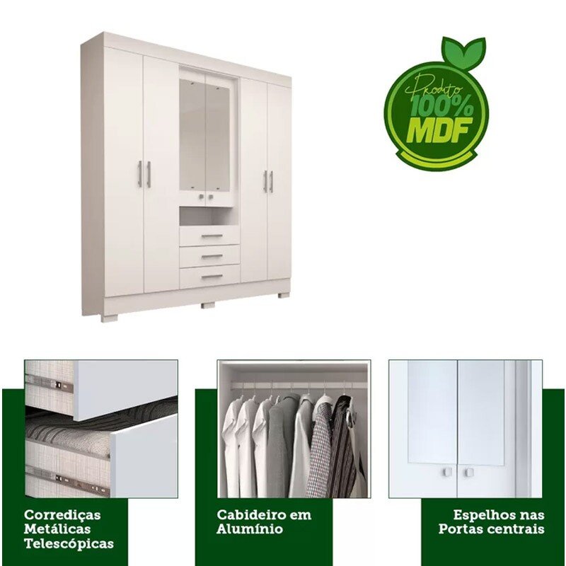 Roupeiro Débora Branco 6 Portas C/ Espelho e Pés 100% MDF Larg. 1.78m - ACP - Imagem 3
