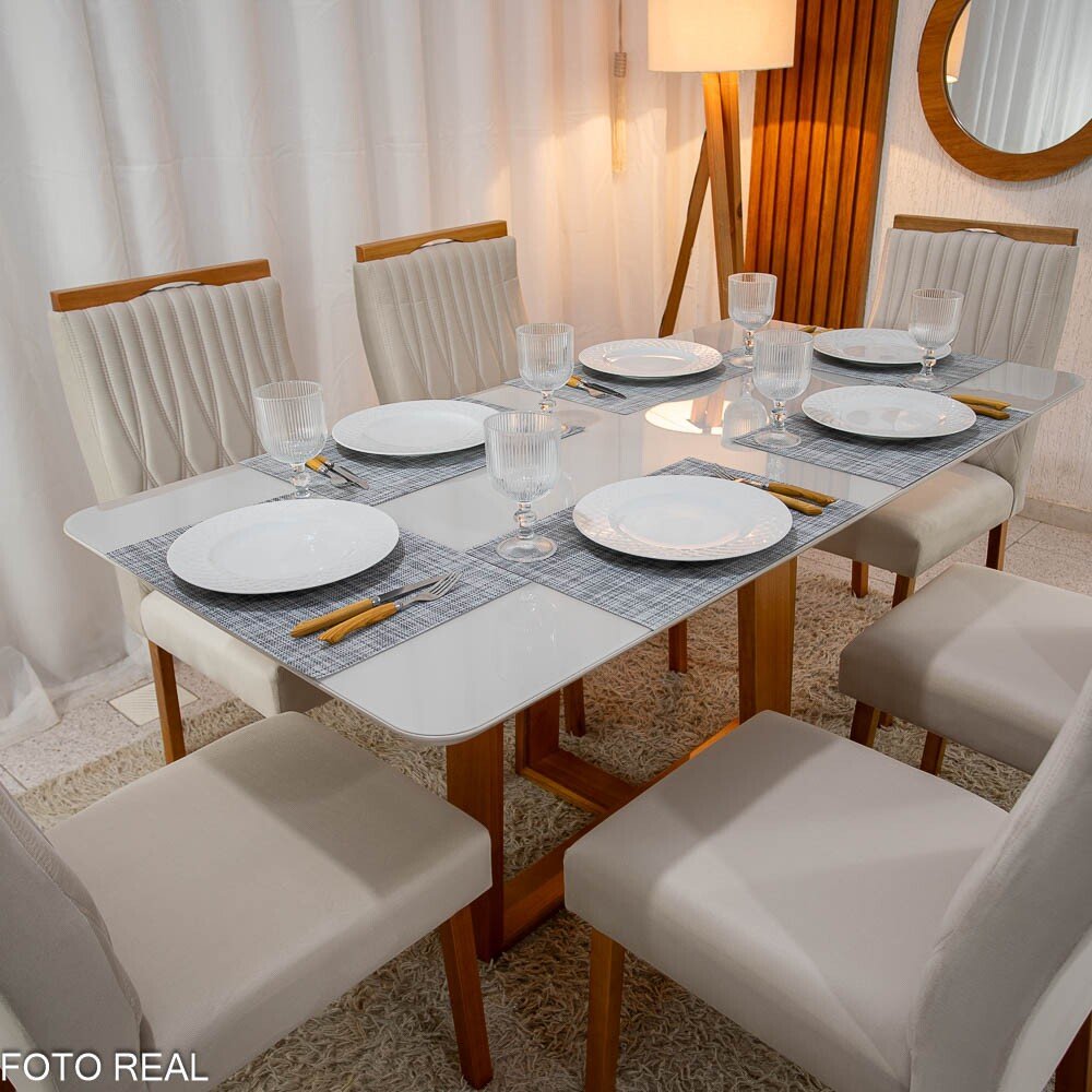 Mesa Pedro Mel Vidro OFF 160×80 6 Cadeiras Genova Veludo Bege 512 Madeira Maciça Art Assento - Entregue Montada - Imagem 3