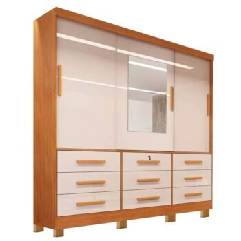 Roupeiro Casal Athenas Nature/Off 3 Portas 9 Gavetas C/ Espelho e Pés 100% MDF Larg. 1.80m - Bianchi