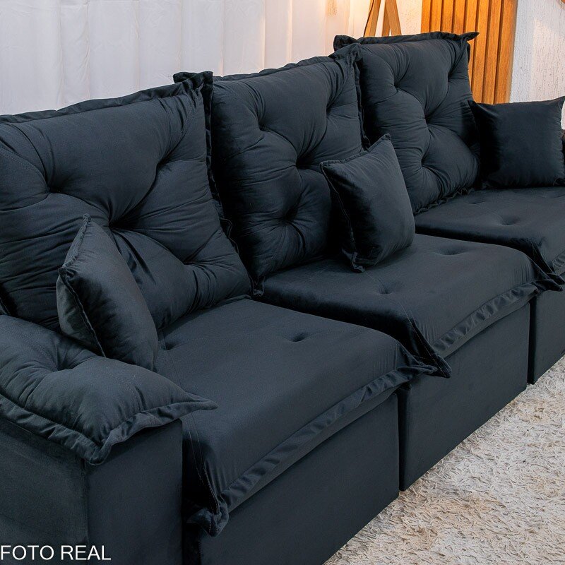Sofá Retrátil Reclinável Porto Madri 2.70m Veludo Preto - D28 Pró Aditivada - Imagem 5