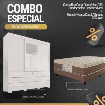 Roupeiro Athenas C/Espelho 3 Pts. 9 Gav. Branco Larg. 1.80m C/Pés Bianchi + Cama Box Casal Ortopédico D33 Rondoconfort Rondomóveis