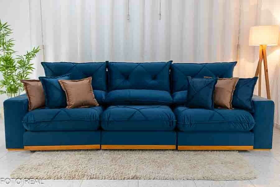 Sofá Retrátil Reclinável Gran Bello 3.20m Veludo Azul - Molas Ensacadas - Imagem 5