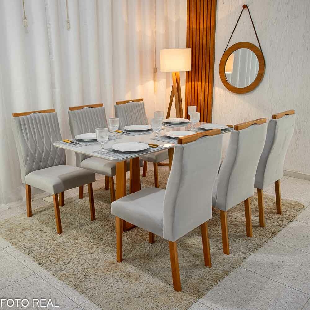 Mesa Pedro Mel Vidro OFF 160×80 6 Cadeiras Genova Veludo Prata 514 Madeira Maciça Art Assento - Entregue Montada