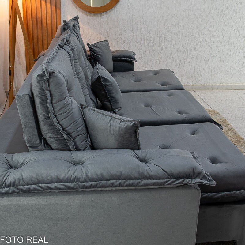 Sofá Retrátil Reclinável Porto Madri 2.70m Veludo Cinza - D28 Pró Aditivada - Imagem 6