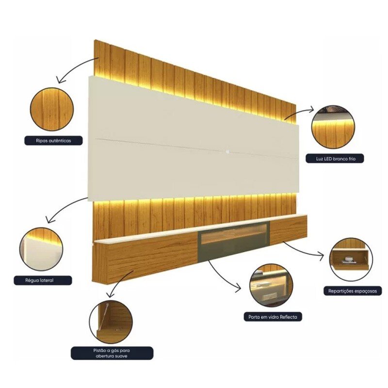 Home Suspenso Soberano Larg. 2.60m Nature/Off Reflecta C/ Led Ripado 100% MDF para TV até 85" - Gelius - Imagem 3