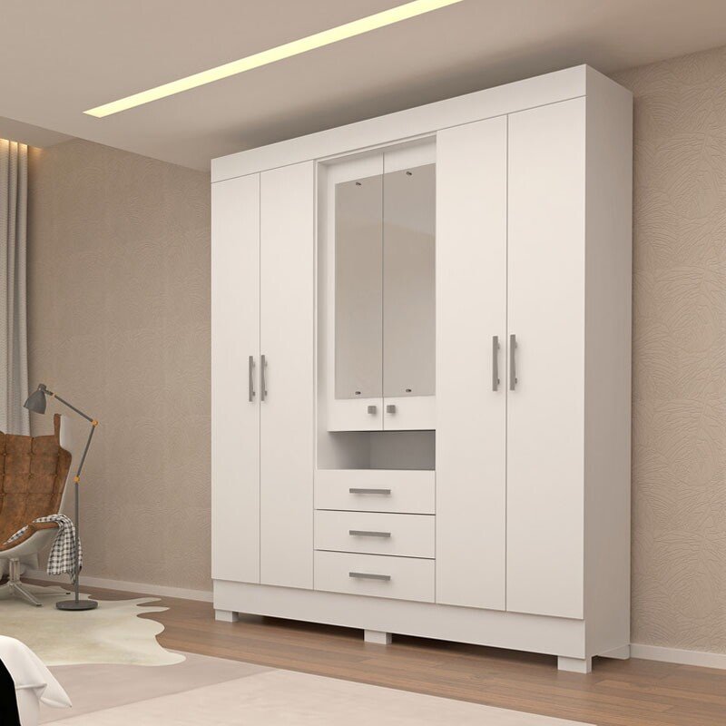 Roupeiro Débora Branco 6 Portas C/ Espelho e Pés 100% MDF Larg. 1.78m - ACP