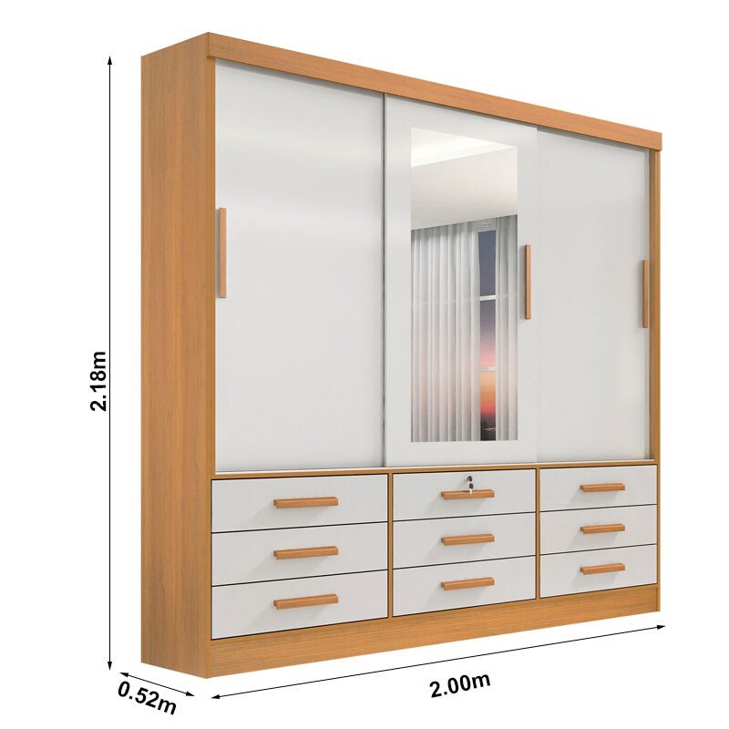 Roupeiro Casal Meridian Plus Cinamomo/Off 3 Portas 9 Gavetas C/ 1 Espelho Larg. 2.00m - D Doro - Imagem 4