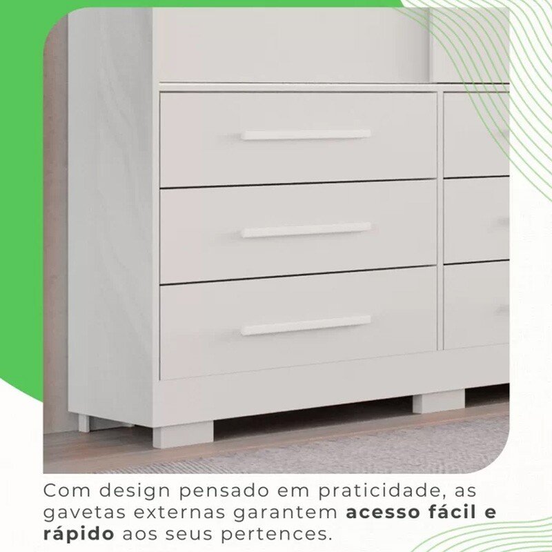 Roupeiro Casal Athenas Branco 3 Portas 9 Gavetas C/ Espelho e Pés 100% MDF Larg. 1.80m - Bianchi - Imagem 3