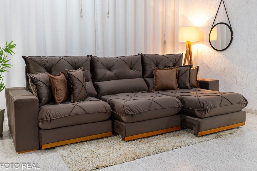 Sofá Retrátil Reclinável Gran Bello 3.20m Veludo Marrom - Molas Ensacadas - Imagem 3