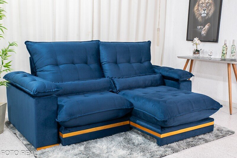 Sofá Retrátil Reclinável Ibis 2.30m Veludo Azul 800 - D33 e Molas Ensacadas