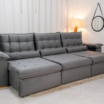 Sofá Retrátil Reclinável Emanuelly 3.20m Veludo Cinza 20 - D28 Soft