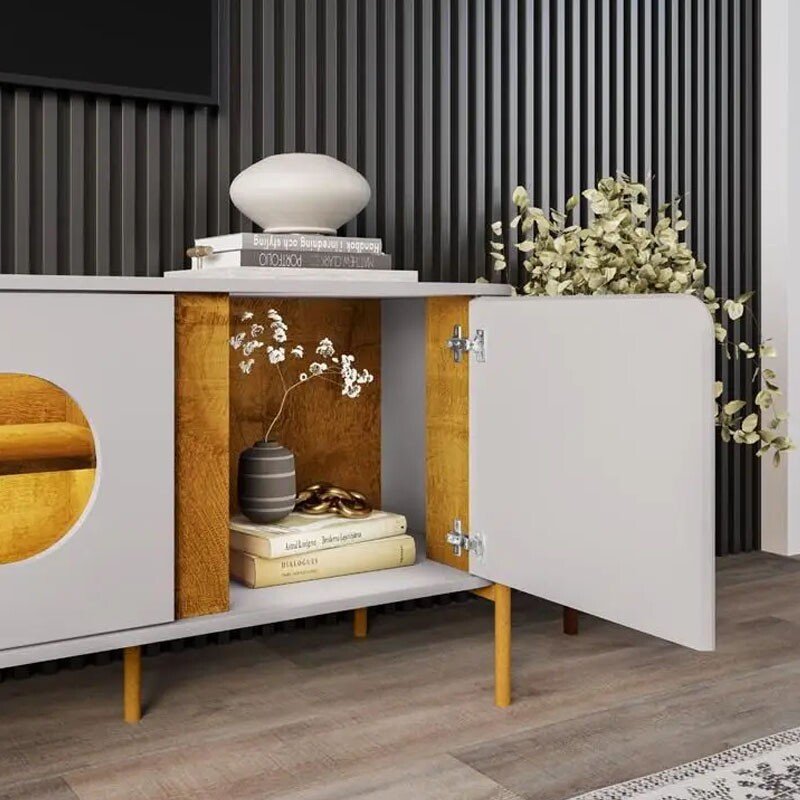 Rack Bancada Juquehy Larg. 1.80m Off/Nature C/LED para TV até 75" - Bechara - Imagem 3