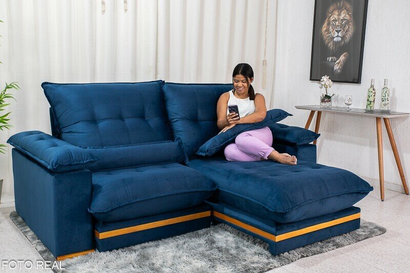 Sofá Retrátil Reclinável Ibis 2.30m Veludo Azul 800 - D33 e Molas Ensacadas - Imagem 2