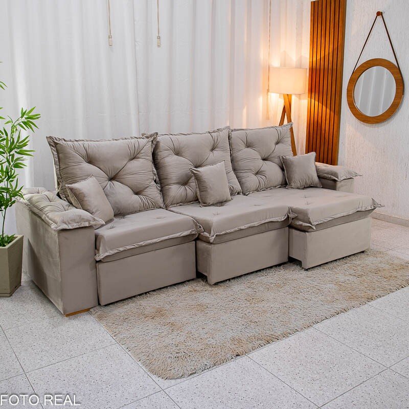 Sofá Retrátil Reclinável Porto Madri 2.70m Veludo Bege - D28 Pró Aditivada - Imagem 7